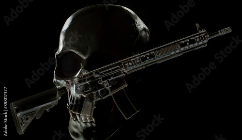 Ghost gun assault rifle on black with skull behind