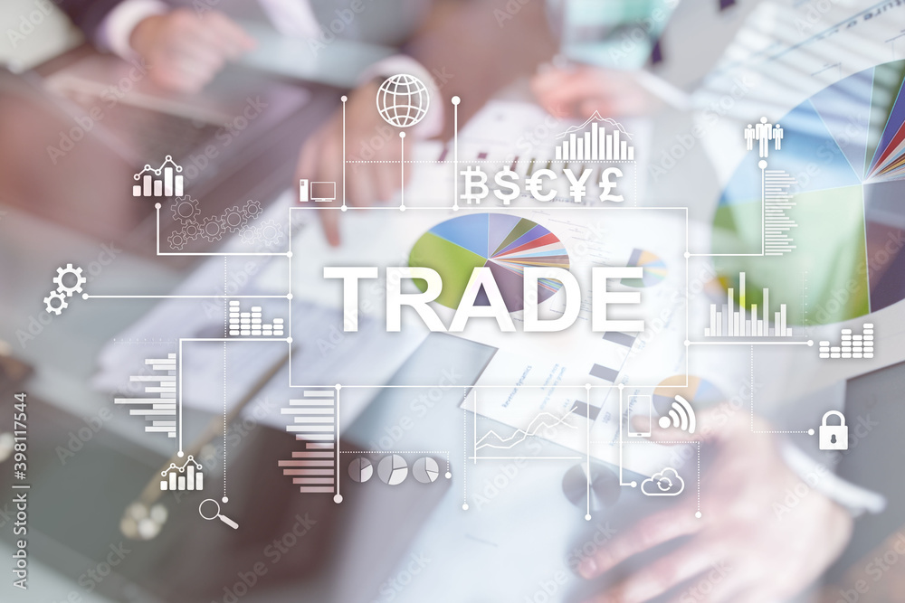 Inscription on virtual screen: TRADE. Currency icons mixed media. Inscription on virtual screen: TRADE. Currency icons mixed media.