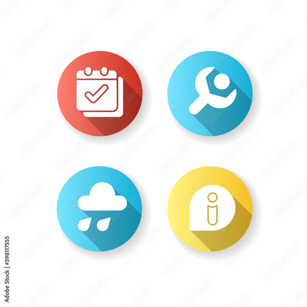 Smartphone interface flat design long shadow glyph icons set. Calendar. Setup. Weather forecast. News. Date organization. Current events coverage. Settings menu. Silhouette RGB color illustration