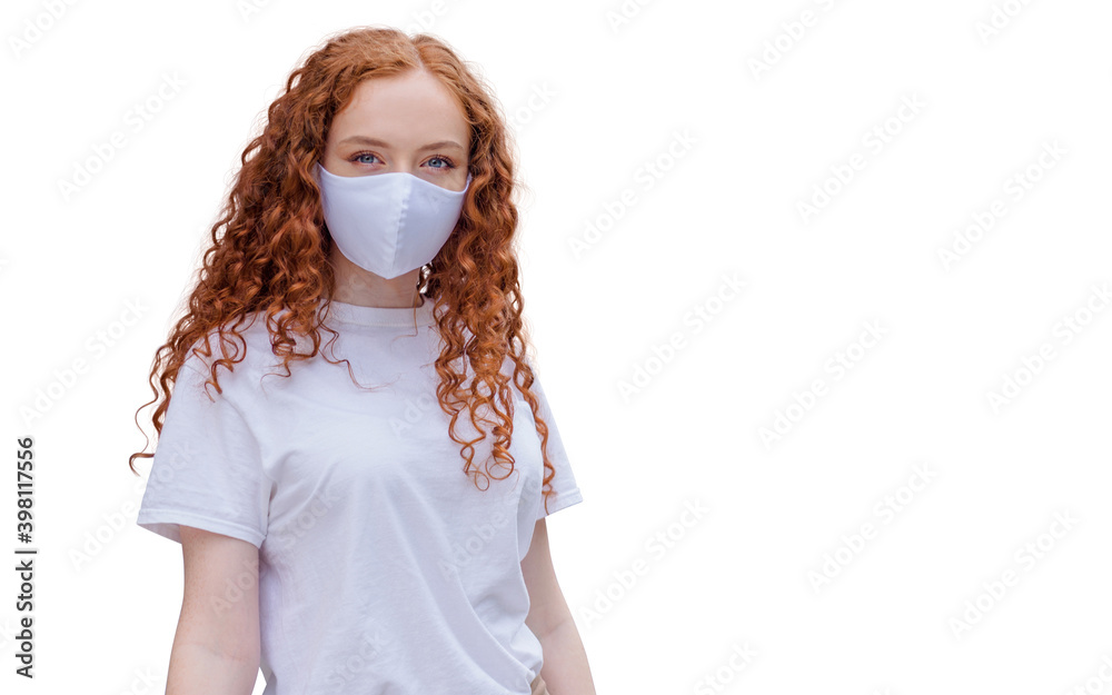 Woman wearing protective face mask, posing on white background. Close up studio portrait.  isolated, empty copy space for text