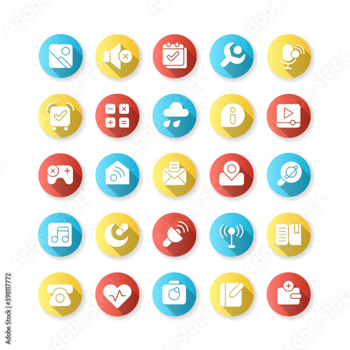 Interface flat design long shadow glyph icons set. Smartphones and tablets application. Settings menu. Camera, photo gallery. Videoplayer, music, games. Silhouette RGB color illustration