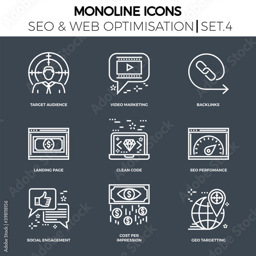 Line icons set with flat design of search engine optimization. Target audience, video marketing, backlinks, landing page, clean code, perfomance, social engagement, cost per impression. Monoline icons