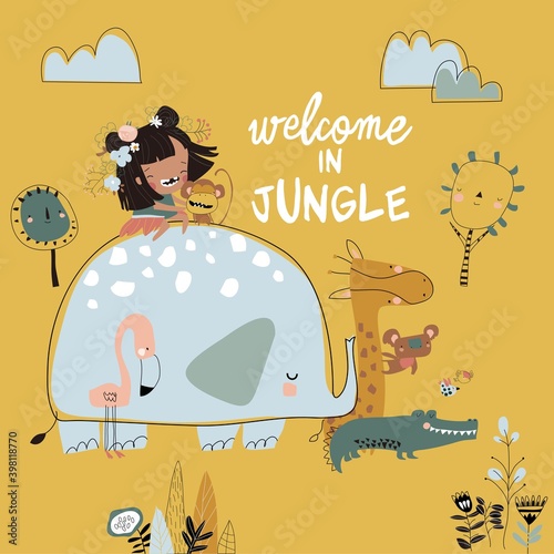 Pretty girl with cartoon jungle animal. Happy friends
