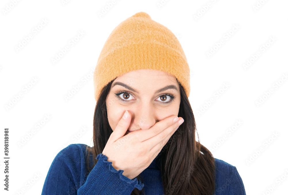 Face of surprised beautiful woman keeping hand on her mouth, isolated on white background. Head shot of amazing blond woman Face of surprised beautiful woman keeping hand on her mouth, isolated on white background. Head shot of amazing blond woman