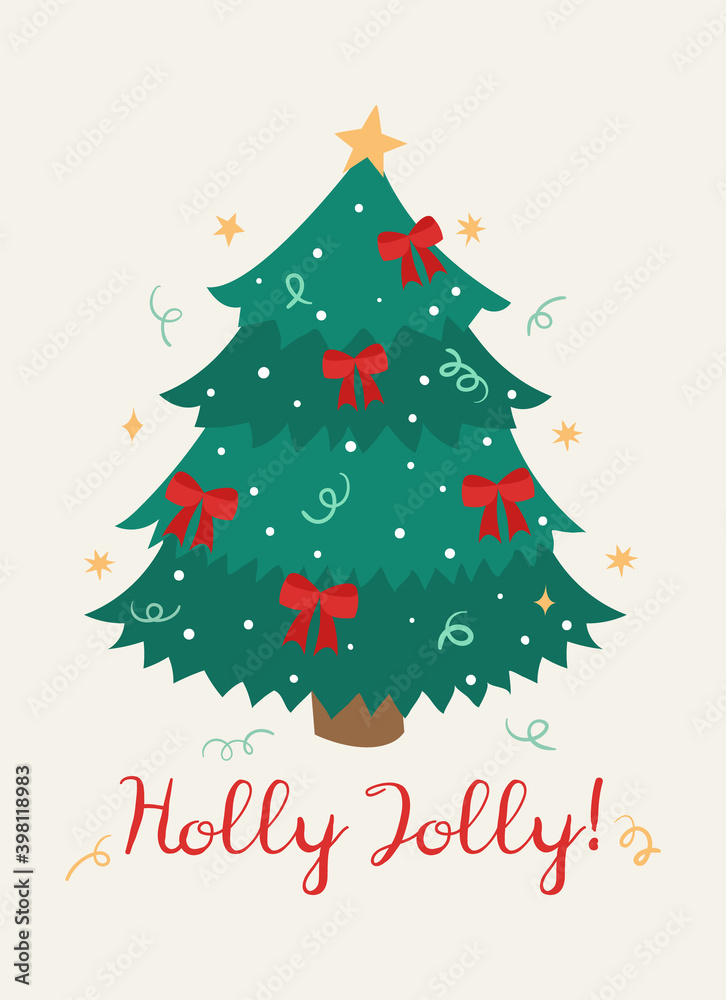 Holiday greeting card with christmas tree and text Holly Jolly. Vector flat illustration. Holiday greeting card with christmas tree and text Holly Jolly. Vector flat illustration.