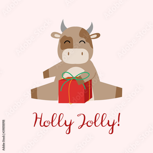 Cute bull with christmas gift box. Holiday greeting card with letter Holly Jolly. Vector flat illustration. Chinese year of Ox 2021.  © Felizabeth