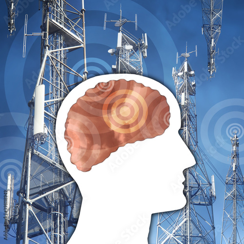 Canvas Print 5G Antennas and Electric Waves around and inside human's brain profile