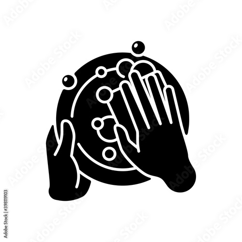 Washing dishes black glyph icon. Traditional housework, kitchen chore. Housewife duty, housekeeping silhouette symbol on white space. Hands holding and cleaning plate. Vector isolated illustration