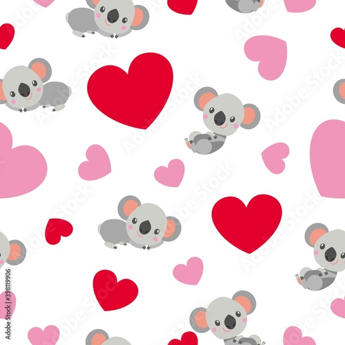 St Valentine’s Day. Seamless pattern. Baby koala lying and smiling. Cartoon style. Funny and cute. Red, pink hearts. White background. Post cards, wallpaper, textile, wrapping paper. Love and romance