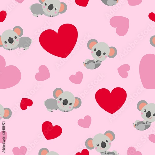 St Valentine’s Day. Seamless pattern. Baby koala lying and smiling. Cartoon style. Funny and cute. Red, pink hearts. Pink background. Post cards, wallpaper, textile, wrapping paper. Love and romance
