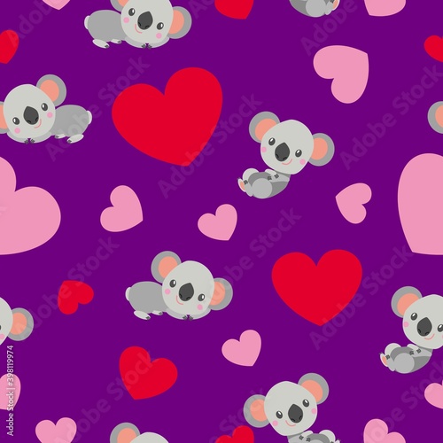 St Valentine’s Day. Seamless pattern. Baby koala lying and smiling. Cartoon style. Funny and cute. Red, pink hearts. Violet background. Post cards, wallpaper, textile, wrapping paper. Love and romance