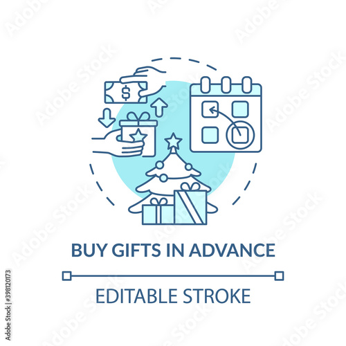 Buying gifts in advance concept icon. Shopping tip idea thin line illustration. Post-holiday sales. Christmas and New Year shopping. Vector isolated outline RGB color drawing. Editable stroke