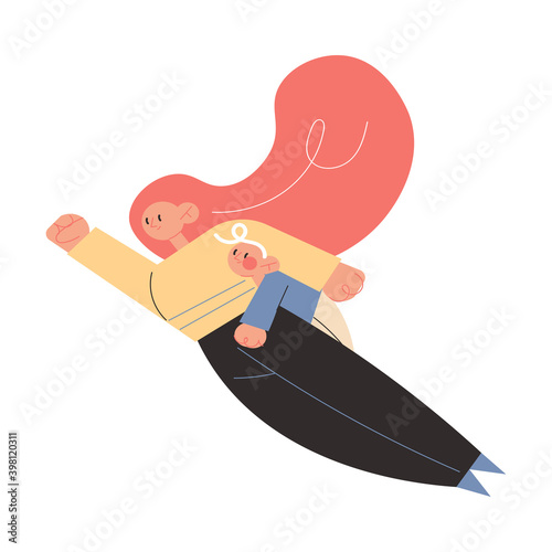 Smiling active young red haired woman mother flying as superhero