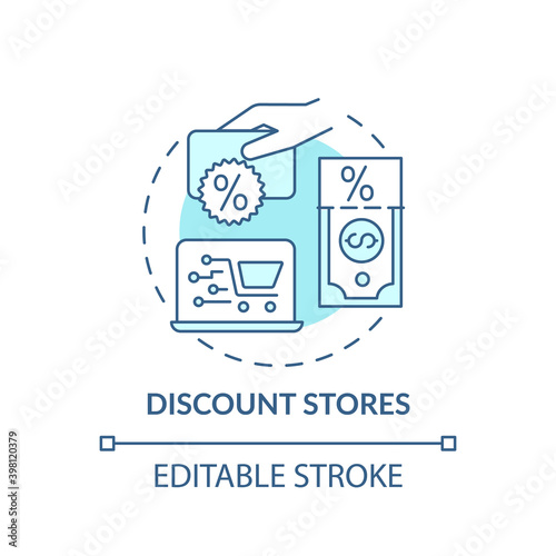Discount stores concept icon. Saving money on buying clothing idea thin line illustration. Discount superstore. Using cut-pricing techniques. Vector isolated outline RGB color drawing. Editable stroke