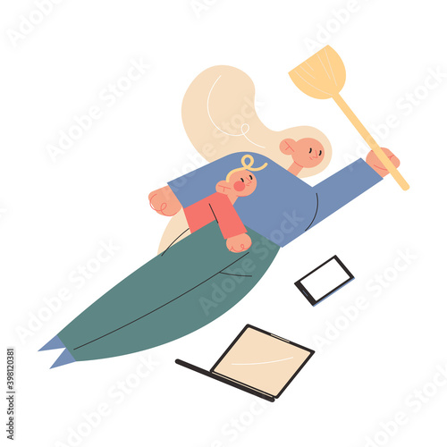 Woman mother flying as superhero with small son on body