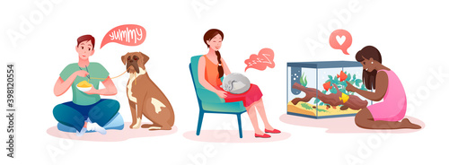 Cartoon owner characters feeding, hugging and communicating with dog, cat, parrot and fishes, best pet friends isolated on white. People love and communicate with own animal pet vector illustration.