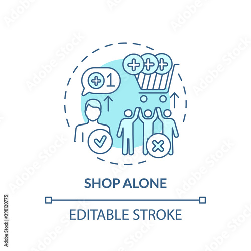 Shopping alone concept icon. Financial advantage idea thin line illustration. Avoiding purchases comparison. Single shopper. Vector isolated outline RGB color drawing. Editable stroke