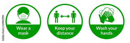 Set of Round Coronavirus Covid-19 Instruction Sticker Icons including Wear a Mask, Keep Your Distance and Wash Your Hands. Vector Image.