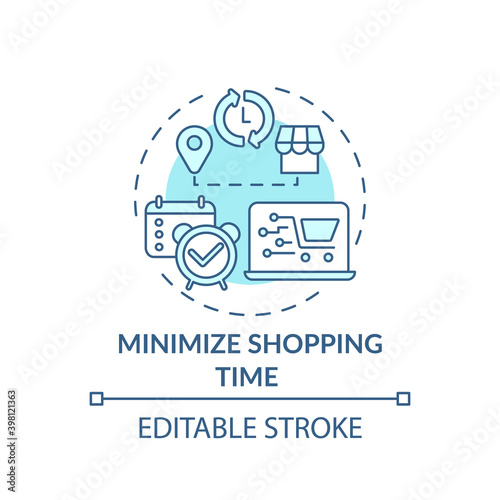 Minimizing shopping time concept icon. Safe shopping tip during Covid idea thin line illustration. Buying products at off-peak times. Vector isolated outline RGB color drawing. Editable stroke