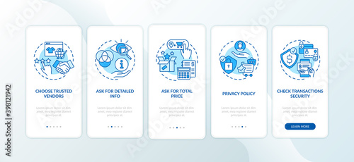 Online shopping tips onboarding mobile app page screen with concepts. Trusted vendors, privacy policy walkthrough 5 steps graphic instructions. UI vector template with RGB color illustrations