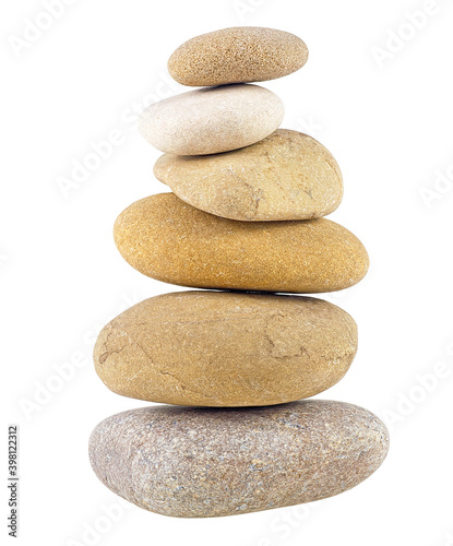 Pebble stones isolated on a white background. Pyramid of the stones. Balanced Zen stones.