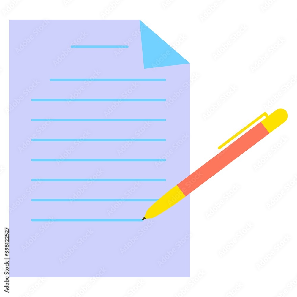 Vector illustration of isolated pen writes on a sheet of paper on a white background. Simple flat style. Vector illustration of isolated pen writes on a sheet of paper on a white background. Simple flat style.