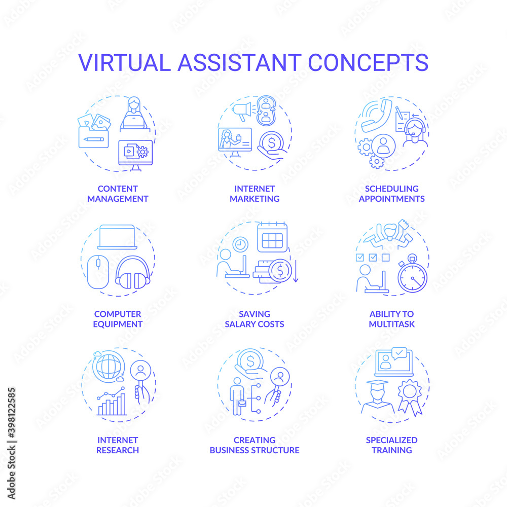 Virtual assistants blue gradient concept icons set. Distant job. Online manager. Business marketing. Remote freelance work idea thin line RGB color illustrations. Vector isolated outline drawings