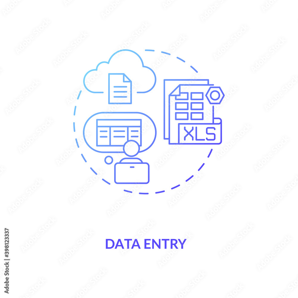 Data entry blue gradient concept icon. Information manual input to document. Employee at computer. Virtual assistant job idea thin line illustration. Vector isolated outline RGB color drawing Data entry blue gradient concept icon. Information manual input to document. Employee at computer. Virtual assistant job idea thin line illustration. Vector isolated outline RGB color drawing