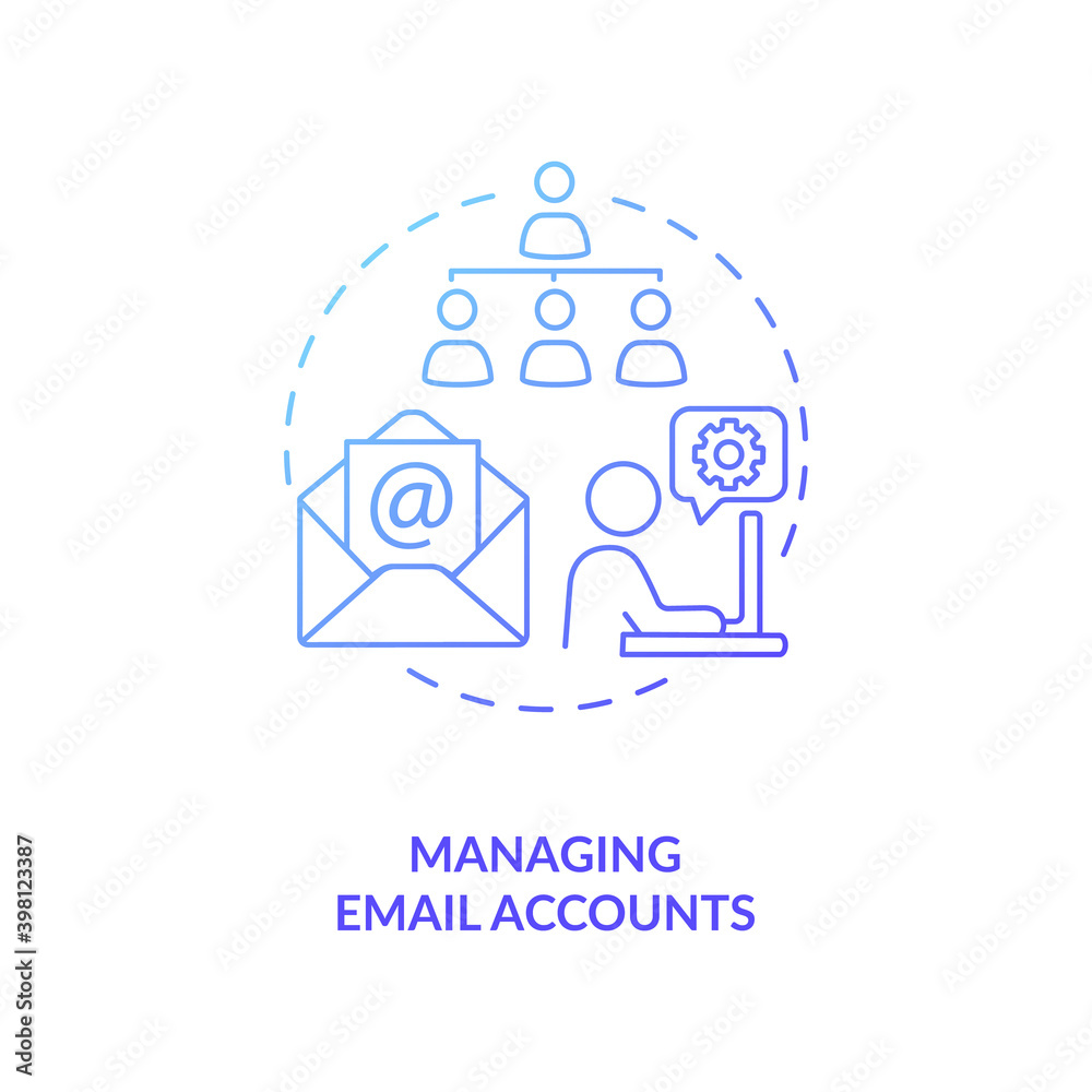 Managing email accounts blue gradient concept icon. Secretary job. Business help. Manager for mail. Virtual assistant work idea thin line illustration. Vector isolated outline RGB color drawing Managing email accounts blue gradient concept icon. Secretary job. Business help. Manager for mail. Virtual assistant work idea thin line illustration. Vector isolated outline RGB color drawing