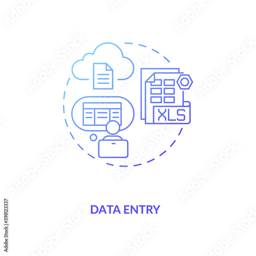Data entry blue gradient concept icon. Information manual input to document. Employee at computer. Virtual assistant job idea thin line illustration. Vector isolated outline RGB color drawing