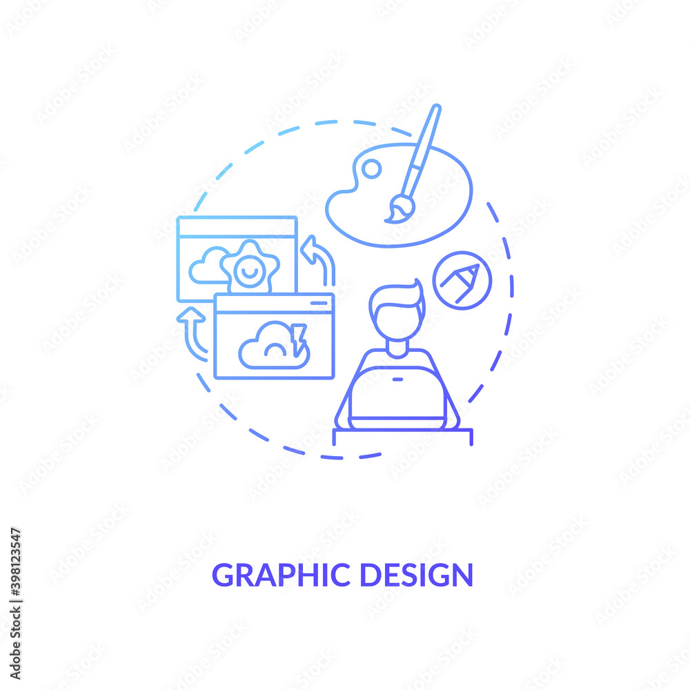 Graphic design blue gradient concept icon. Virtual assistant for creative agency. Digital artist. Freelance job idea thin line illustration. Vector isolated outline RGB color drawing