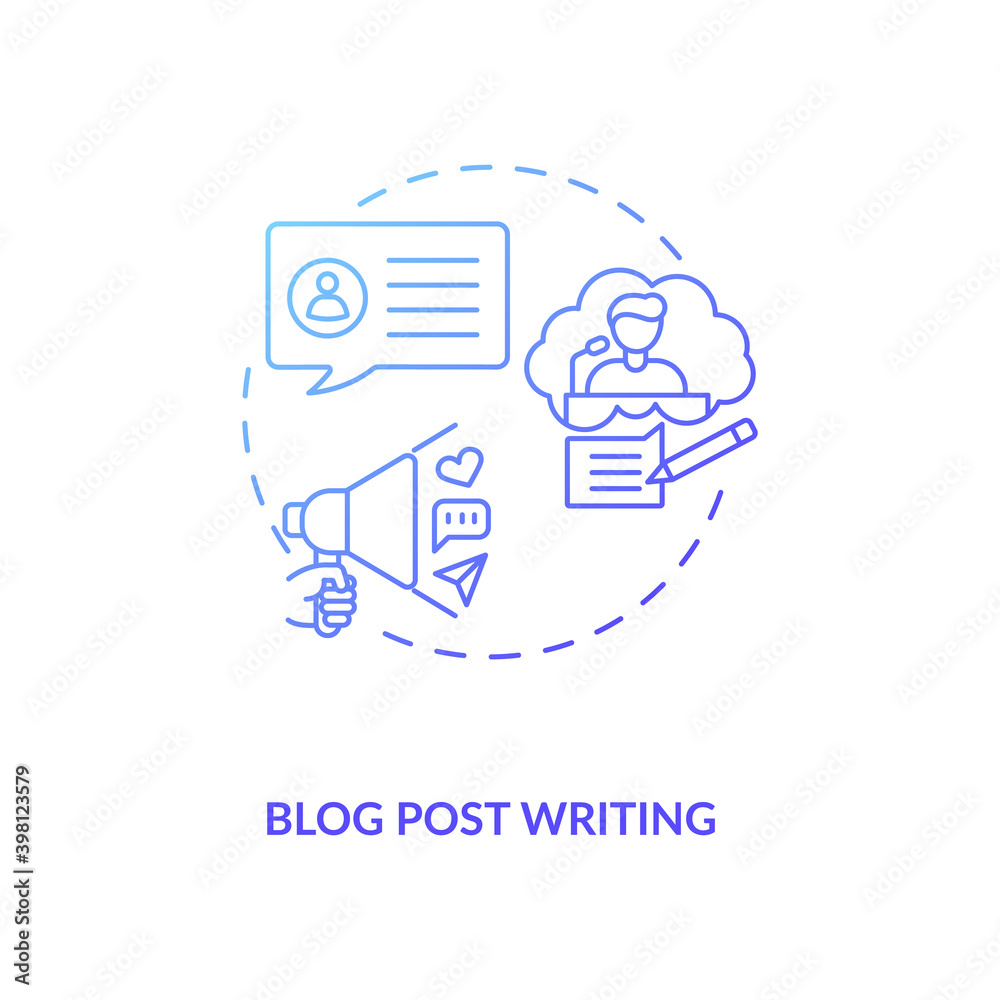 Blog post writing blue gradient concept icon. Online content. Copywriting author. Freelance position. Remote work idea thin line illustration. Vector isolated outline RGB color drawing Blog post writing blue gradient concept icon. Online content. Copywriting author. Freelance position. Remote work idea thin line illustration. Vector isolated outline RGB color drawing