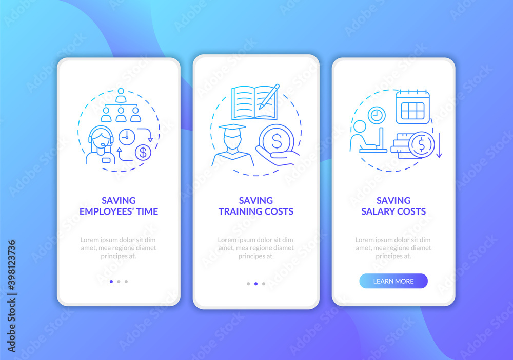 Saving money on work dark blue onboarding mobile app page screen with concepts. Time management. Reduce cost walkthrough 3 steps graphic instructions. UI vector template with RGB color illustrations