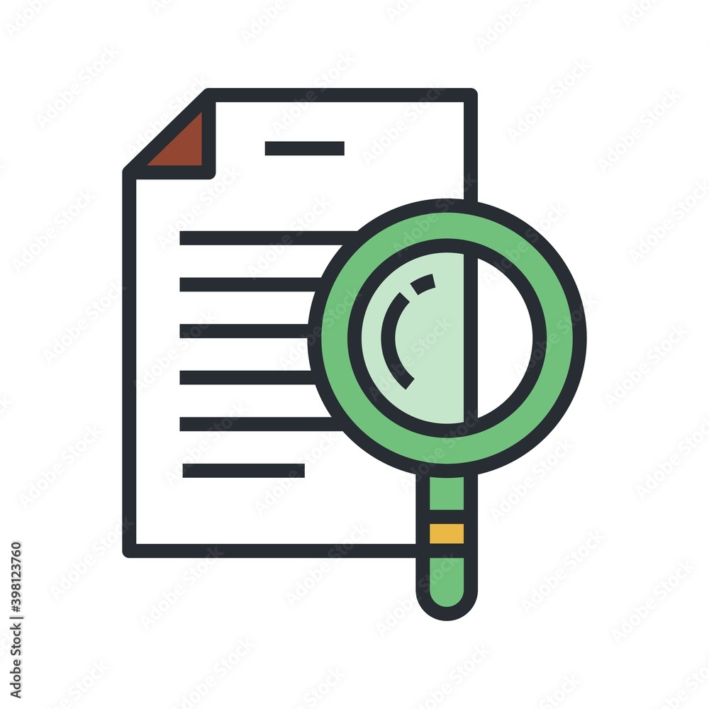 Paper document with magnifier icon. Business audit, records inspection sign. Paper document with magnifier icon. Business audit, records inspection sign.