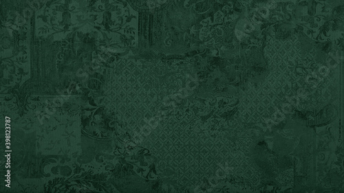 Old green worn grunge vintage shabby patchwork motif tiles stone concrete cement wall wallpaper texture background 