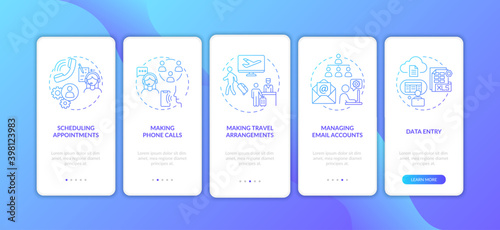 Manager clerical task dark blue onboarding mobile app page screen with concepts. Secretary office work walkthrough 5 steps graphic instructions. UI vector template with RGB color illustrations