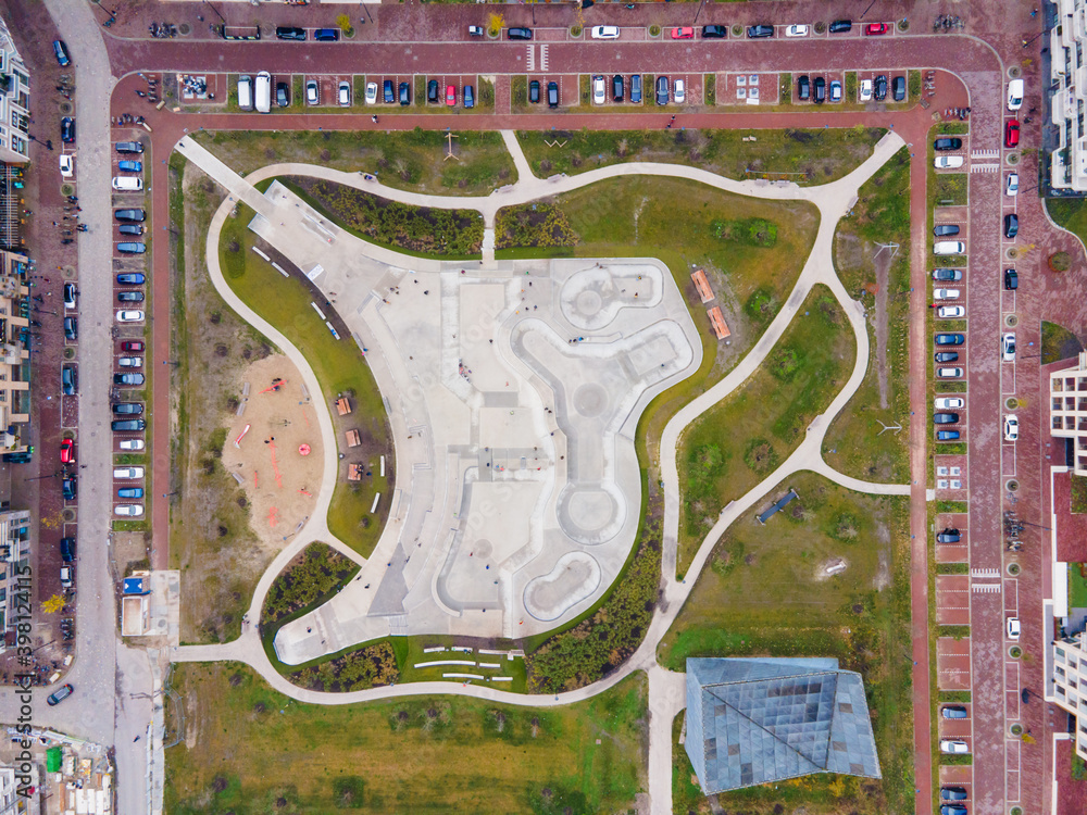 Obraz premium Aerial drone view on top of europe largest skatepark in The Netherlands Zeeburgereiland