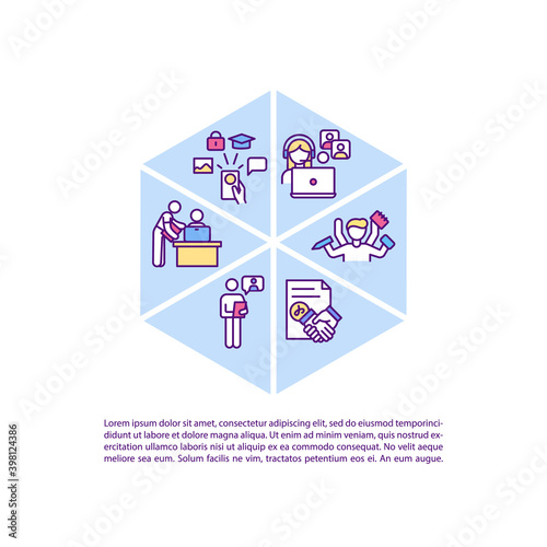 Working remotely concept icon with text. Administrative assistant. Multitasking. Subcontractor agreement. PPT page vector template. Brochure, magazine, booklet design element with linear illustrations