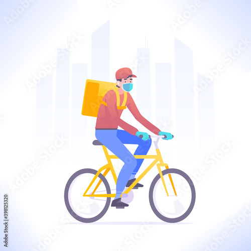 Quarantine delivery concept. Courier guy wearing mask and gloves riding bicycle, delivering package or parcel box. Fast delivery service, vector illustration