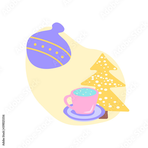 Christmas season flat vector concept illustration with abstract shapes. Xmas tree with snow. Hot drink in mug. Festive seasonal greeting. Wintertime 2D geometric and organic cartoon elements
