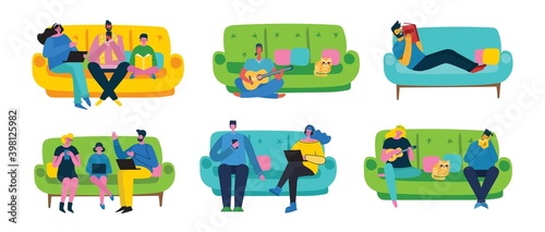 Apartment interior design and resting couple of people