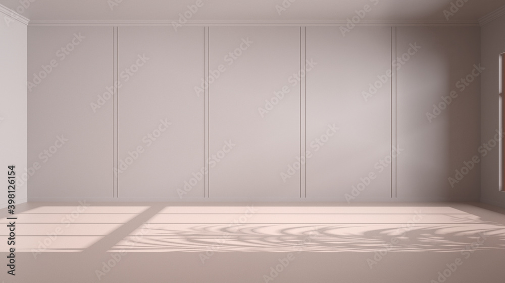 Empty room interior design in beige tones, open space, walls with trim molding, colored concrete marble floor, modern contemporary architecture, morning light, mock-up with copy space Empty room interior design in beige tones, open space, walls with trim molding, colored concrete marble floor, modern contemporary architecture, morning light, mock-up with copy space