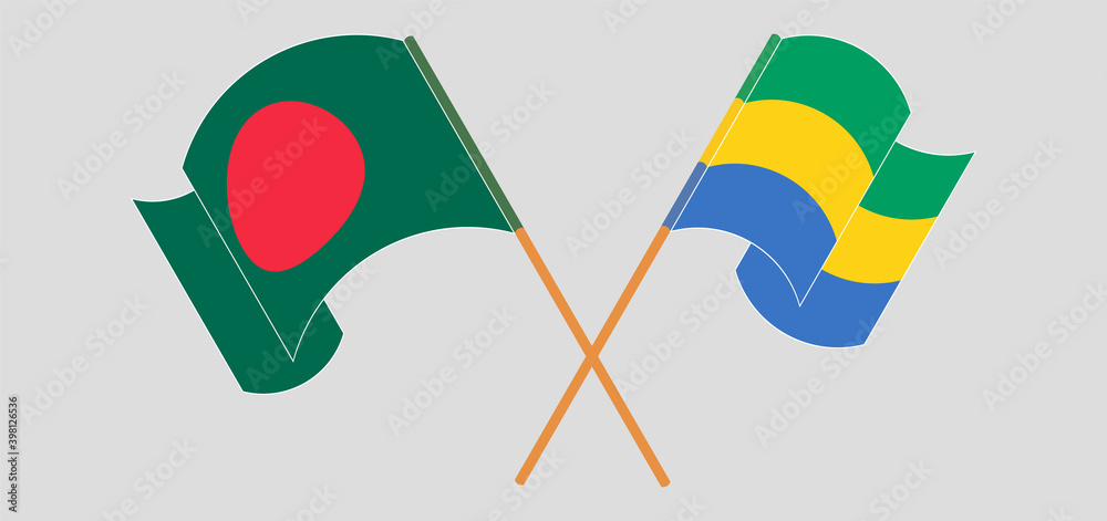 Crossed and waving flags of Bangladesh and Gabon