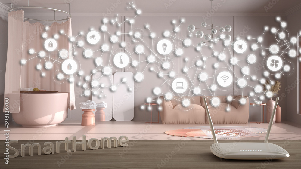 Wi-Fi wireless router on wooden table, smart home, geometric background ...