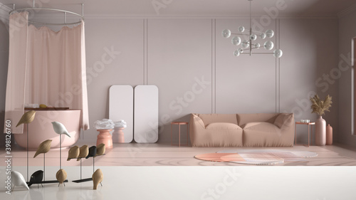 White table top or shelf with minimalistic bird ornament, birdie knick - knack over blurred classic beige bathroom with vintage round bathtub, sofa and decors, cosy interior design