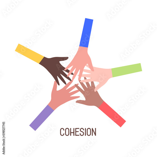 Social cohesion. Hands of people of different nationalities. Day of solidarity of people. Colorful vector isolated illustration in flat style