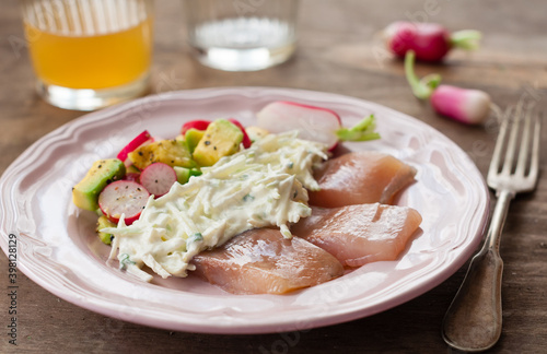 Pickled Herring Served with Apple Remoulade Sauce and Avocado Radish Salad