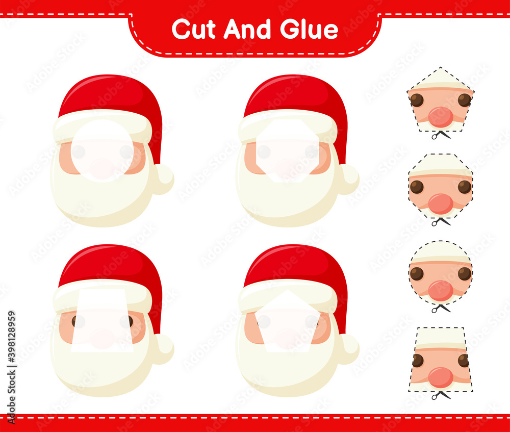 Cut and glue, cut parts of Santa Claus and glue them. Educational children game, printable worksheet, vector illustration Cut and glue, cut parts of Santa Claus and glue them. Educational children game, printable worksheet, vector illustration