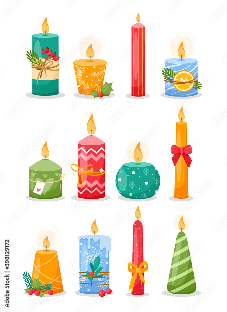 Vector set of Christmas burning wax candles isolated on white background. Aromatic candles for home decoration, romantic, aromatherapy, New year cards. Xmas Candle with bow, pine branches, snowflakes Vector set of Christmas burning wax candles isolated on white background. Aromatic candles for home decoration, romantic, aromatherapy, New year cards. Xmas Candle with bow, pine branches, snowflakes