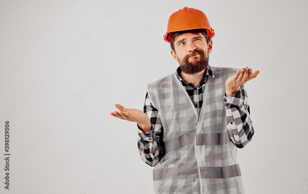 Worker Construction uniform orange hard hat Professional cropped view Worker Construction uniform orange hard hat Professional cropped view